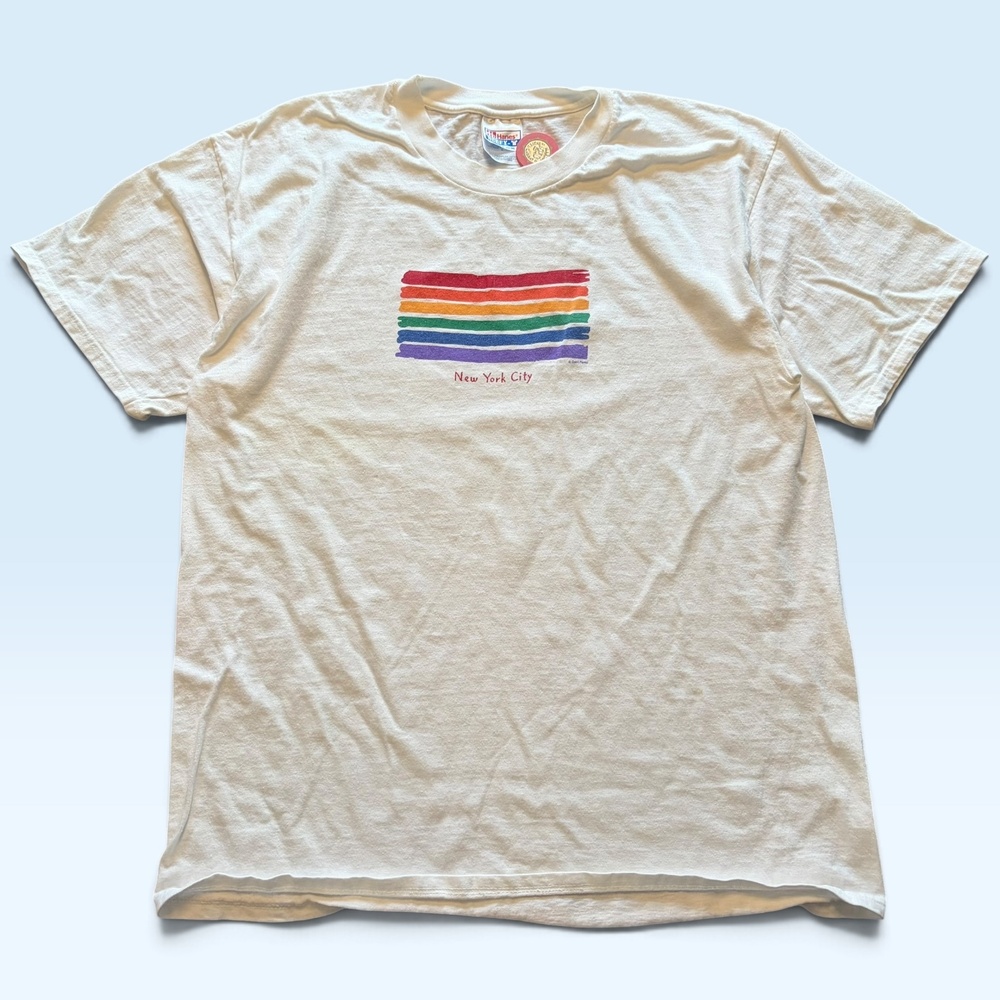 Vintage Hanes Shirt Mens Large White New York City Rainbow Tee T-Shirt Beefy-T